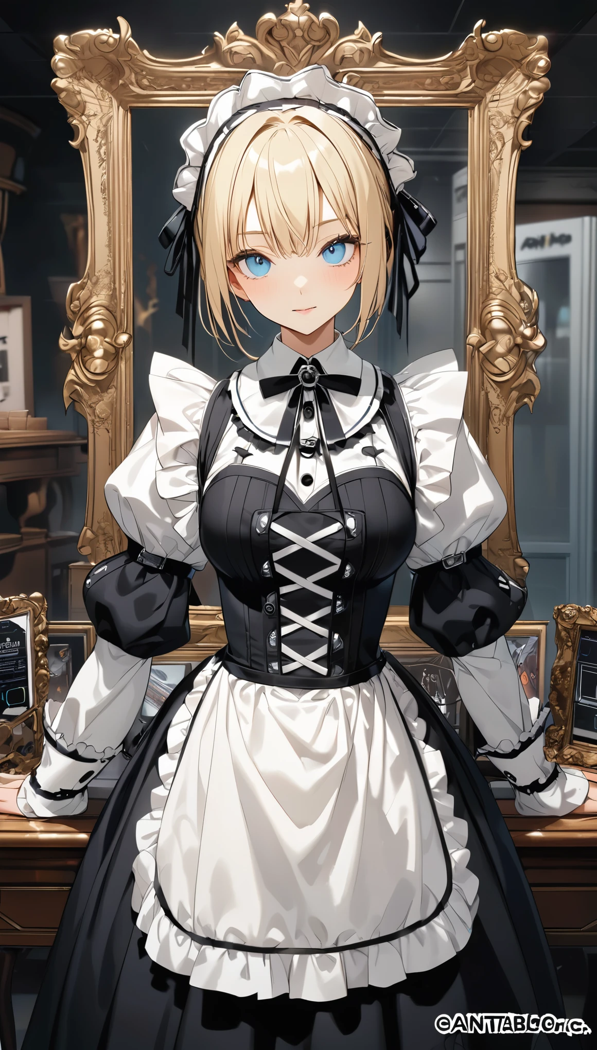 Woman in maid outfit posing for photo (Tabletop, Highest quality:1.2), 8k, 85mm, Official Art, Absurd, blonde, (blue eyes, Data Fashion, Sweet Ota, Gothic, dress:1.2), Idol&#39;s face, Upper Body, beautiful girl, Gardeniass, Copenhagen, Short sleeve, Grace, Sophisticated, Gardenia, Film Grain, chromatic aberration, Sharp focus, Face Light, Dynamic Lighting, Cinema Lighting,(( blush、Embarrassed look, avert your eyes、Looking down shyly:1.2))、(((Roll up your skirt、I see your white pants、Sujiman、slit)))、
