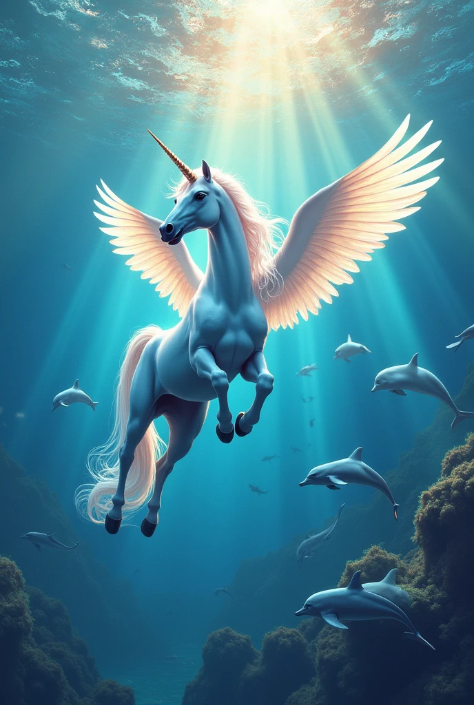 Unicorn flying in the sea with dolphins in the water with a magical background with many colors