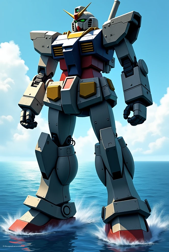 Head is Zaku、The torso is Gundam、Feet are Dom、Robot with Zaku arms、The background is the sea