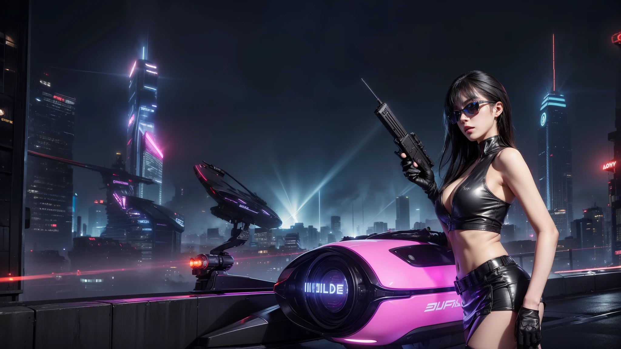 (Wide angle view). Blade Runner style futuristic city, simple outlined transparent neon tall buildings, glowing giant clock tower, flying cars, helicopter, lightning, 3D rendering Beeple. At night, (1girl, solo, alone), photorealistic, medium-breast slim:0.6 body, oval:0.6 face, cleavage:1.1, sexy black laced bra, glove, deep-V, (very low angle view of miniskirt), white laced panty, coat, (Matrix style black micro sunglasses), ((aiming viewer with a short gun)), (running pose), (half-body thigh level close-up shot), cinematic lighting, ray tracing.