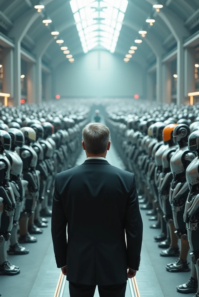 A man who is explaining to the million of robot about their work