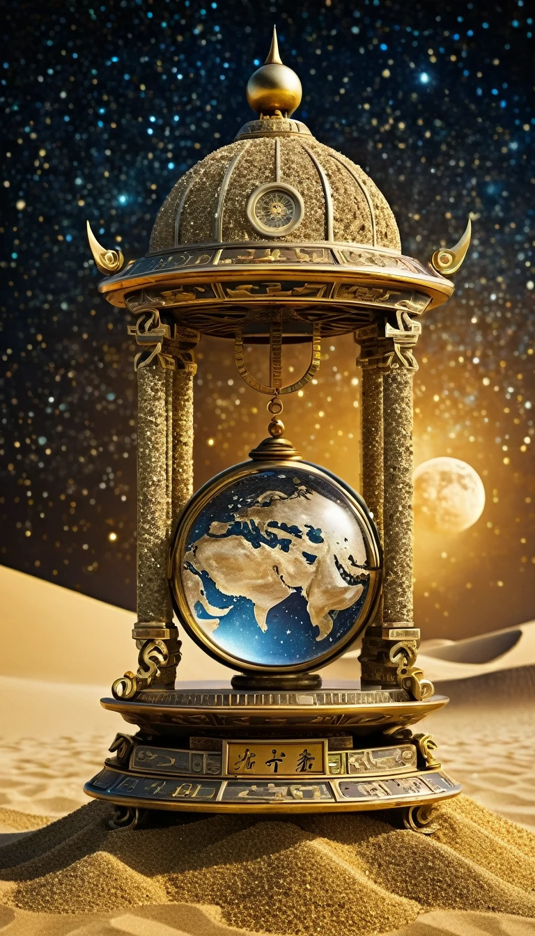Image of an ancient Chinese clock covered in sand, metal and glass with a moon crystal ball on top and the Earth below. Glowing, rolling golden sand made of stardust and small letters like ancient talismans. puffy cosmic background. Conceptual digital art style