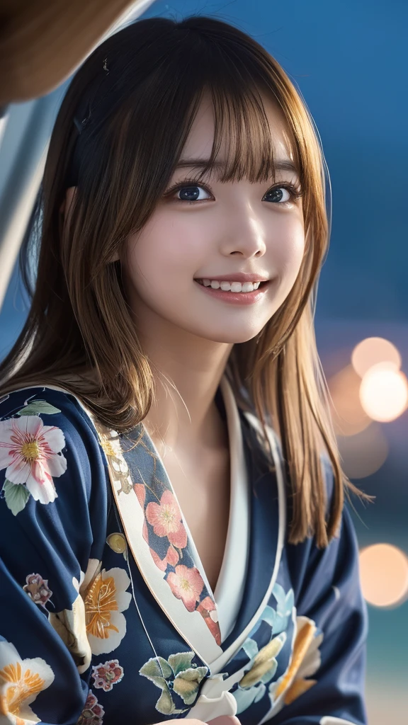 ((masterpiece, Highest quality, High resolution)), Japanese high school girl、(Realistic: 1.4), A shy smile、Great face,Glossy lips、, Blonde、Blondeのポニーテール, (Beautiful Hair:1.5), Japanese patterned yukata、Long sleeve、Cleavage、Floral hair ornament、Beautiful legs、On the Beach、Fireworks at night、Looking up at the fireworks、Watching the fireworks、Angle from below, Smooth, Highly detailed CG composite 8K wallpaper, High resolutionのRAWカラー写真, Professional photography, Light, BackLight, impressive, Written boundary depth, (Face close-up:1.4)