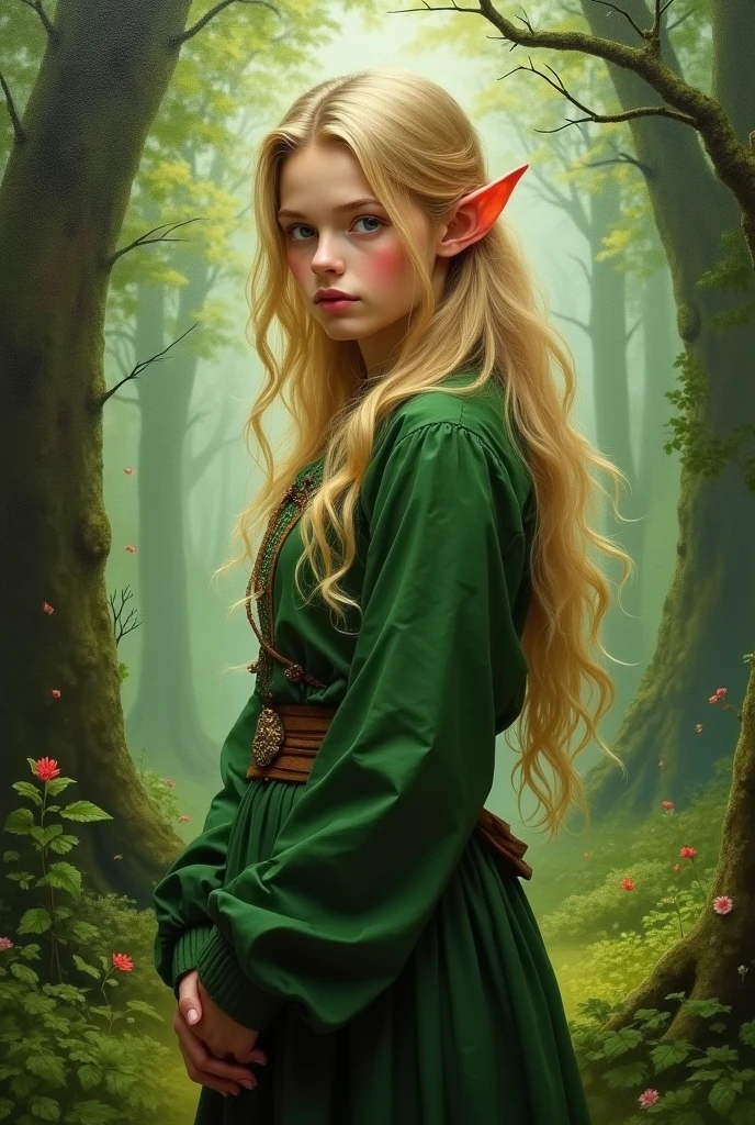masterpiece, best quality, one young cute woman elf, blonde hair, green torn clothes, nature, green theme, forest overgrown, medieval, (oil painting)