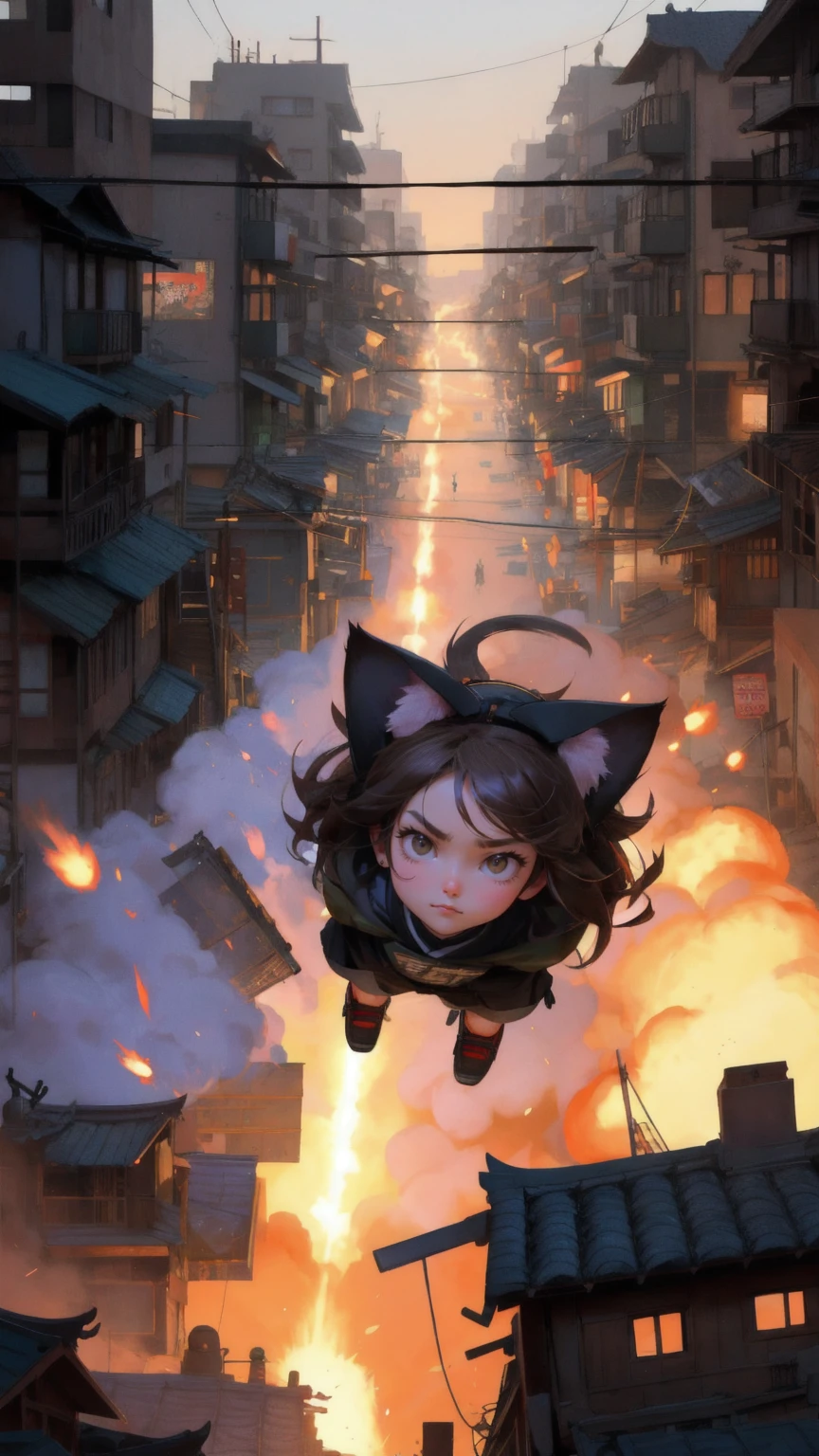 A massive cartoon cat beautiful girl  bomb with 'Rug Pull' written on it, flying through the air in an explosive scene. The cat bomb is surrounded by missiles and destruction, with a chaotic environment below. The setting is a traditional Asian village, with buildings and streets in disarray. The entire scene is depicted with a warm brown background, enhancing the intensity of the moment, while keeping the playful yet menacing tone intact