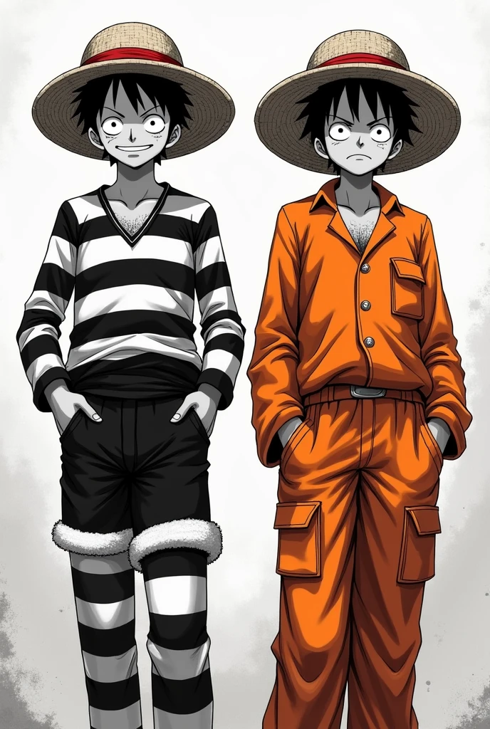 Monkey D. Luffy in a black and white striped long-sleeved prison uniform and Monkey D. .... Luffy in orange long-sleeved prison uniform