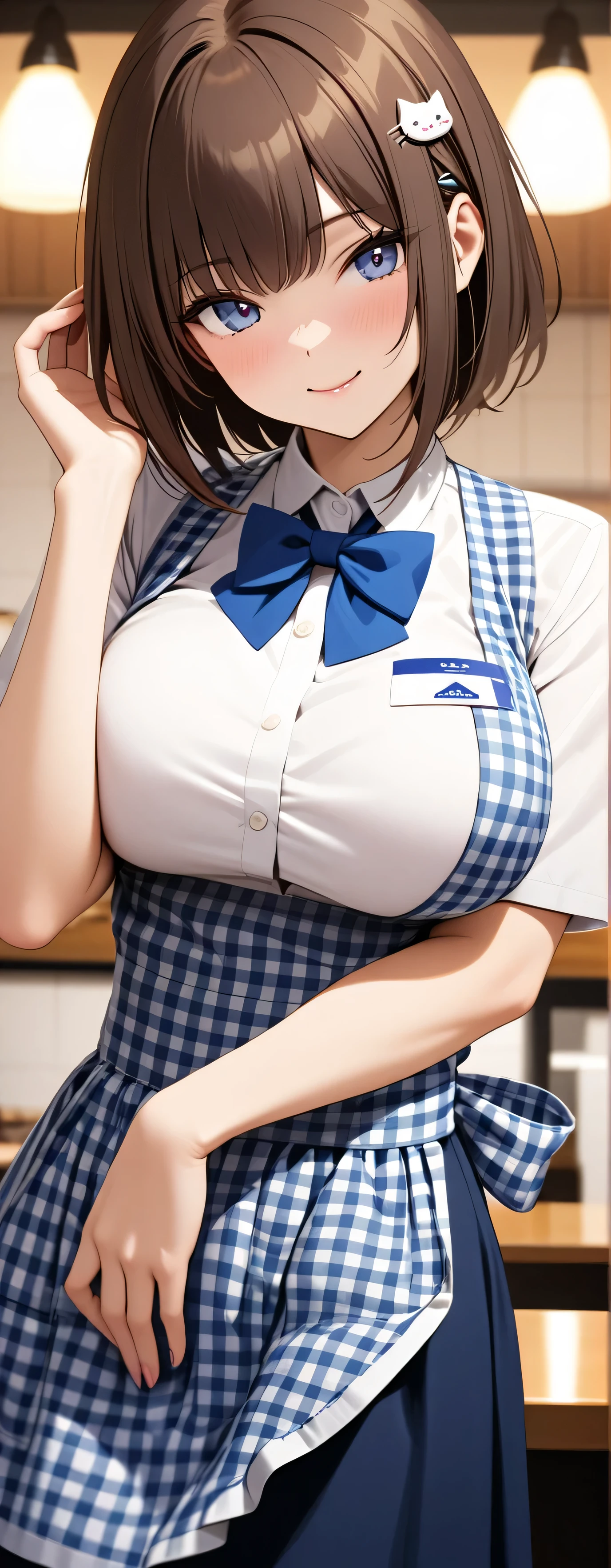 (masterpiece、top-quality:1.2), cowboy shot, 独奏, 1girl in, shirase sakuya, Look at viewers, High Ponytail, shiny oily skin with high contrast,, huge long breasts, Big breasts emphasis、独奏、 blue bowtie, White shirt, Short sleeves, Blue skirt, Blue apron, Gingham Apron, employee uniform, high waist skirt, woman samurai, Open kitchen,,(Skirt lift:1.3), (white panties:1.3)、(Skirt that rolls up:1.3)、(Fully exposed panties:1.5)、A smile