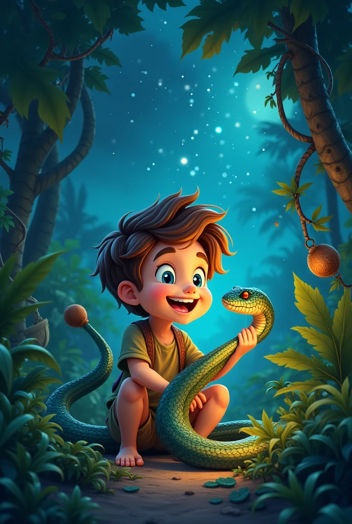 A boy with brown hair and blue eyes, Happy boy playing with a poisonous snake in a tropical jungle with starry sky
