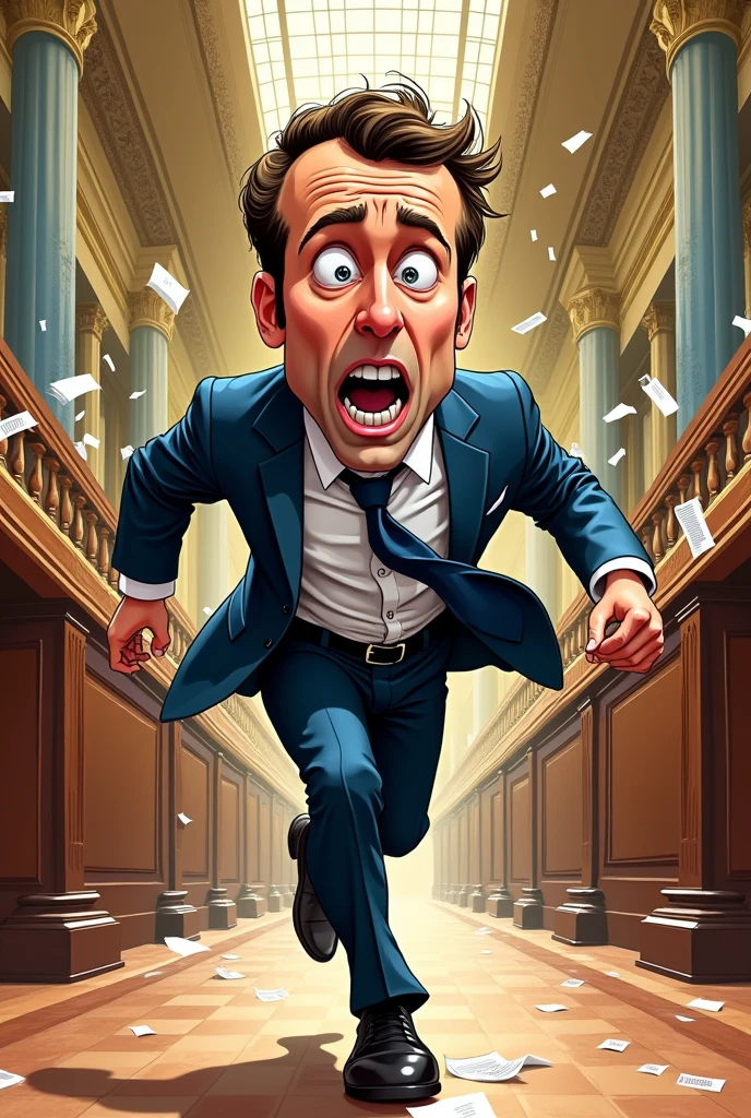 Une caricature style shonen japonais de macron fuyant l'assemblée