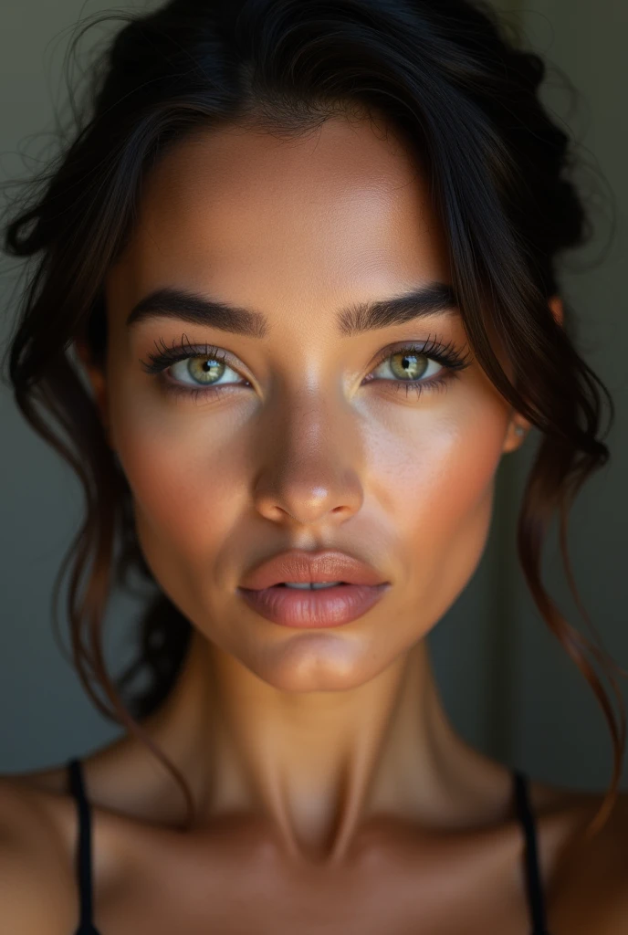 Photographie haute résolution d'une belle femme metisse, bel éclairage, selfie, yeux gris, yeux vert, face, mannequint