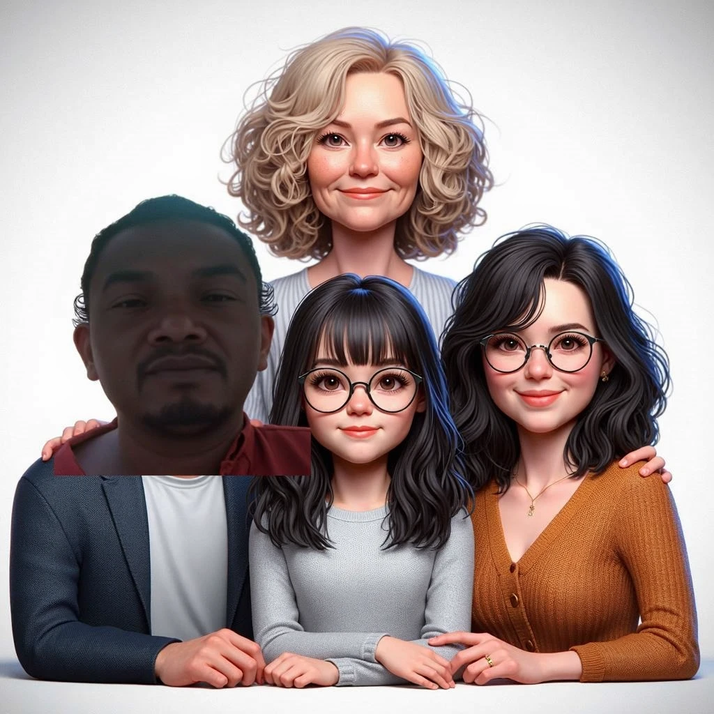 3D realistic caricature drawing. The family consists of: A 50-year-old father with very short hair. A 4 chubby mother with brown hair. Two age girls, with long black hair and glasses. with a color gradient background
