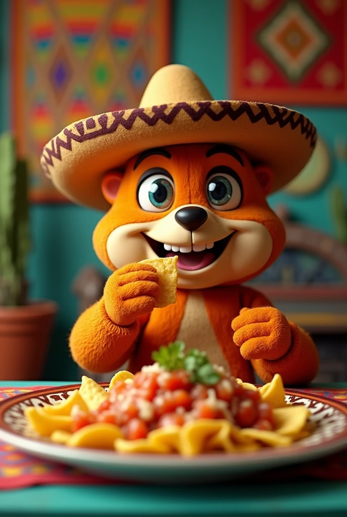 Mascot wearing a hat and tasting chilaquiles