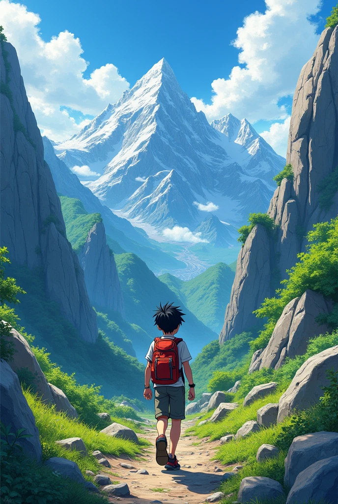 Anime theme, On boy travelling on mountain with backpack