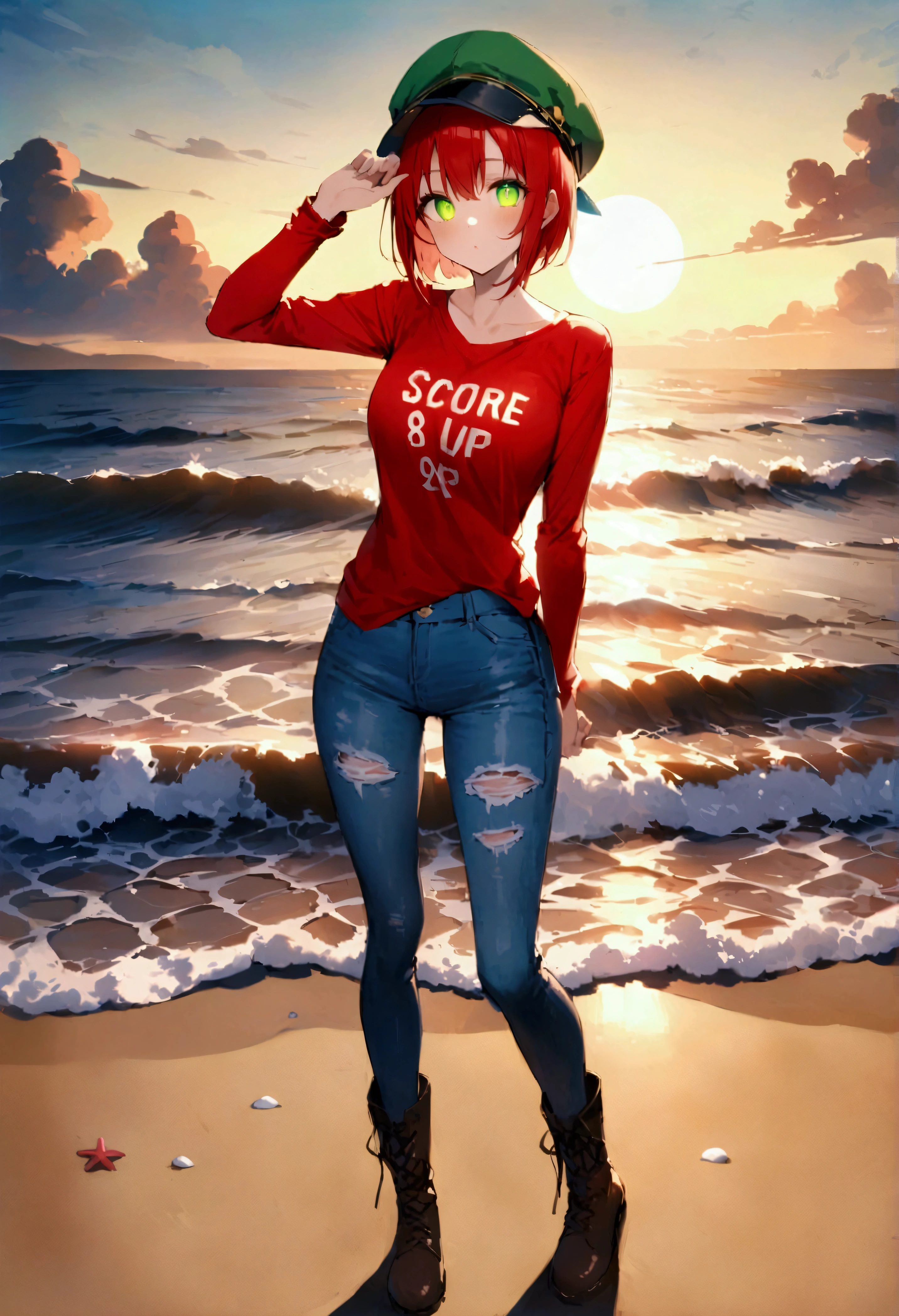 score_9、score_8_up、score_7_up、score_6_up、score_5_up、score_4_up、、Nanjo Kisara、Redhead、short hair、Green Eyes、Green hat、Red Shirt、jeans、破れたブルーjeans、Asymmetrical legwear、Letters are written on clothes、boots、 1 person、One person、Watching the viewer、masterpiece、High resolution、Highly detailed face、Highly detailed glowing eyes、Symmetrical and highly detailed eyes、whole body、foot、Beach、sand、Ocean、sun