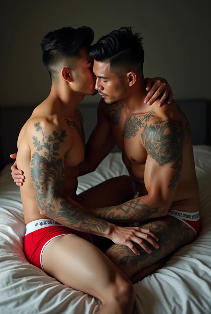 Draw me 2 handsome, stylish Asian mature men with tattoos covering their chests and shoulders wearing red underwear with white borders revealing their big dicks The two of them started touching each other Kissing and hands under their underwear More intense Pressing each other down on the bed Both of them were men Stripping naked One guy was pressed down on the bed face down, one guy sat on his ass, the other 2 wrestled on the bed The guy with more muscles won Switching to sucking breasts , tatto