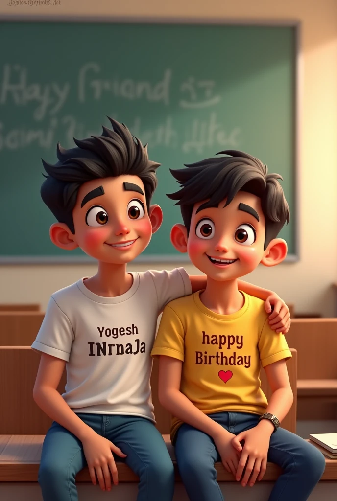 2 friends siting on the classroom 1st boy name is yogesh write the t shirt and another boy name is niraj his t shirt write happy birthday जिगरी 2d cartoon behind