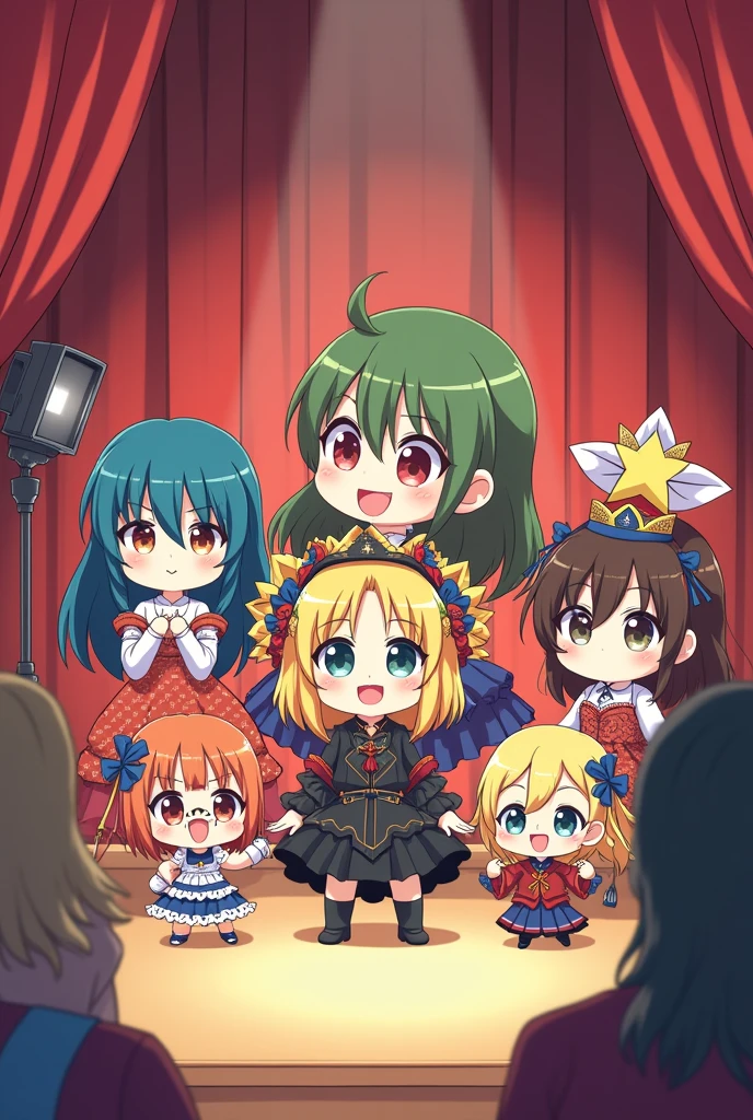 A group of people performing theater, in chibi anime style