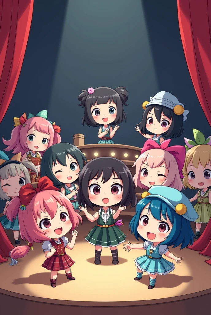 A group of people performing theater, in chibi anime style