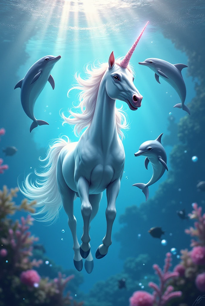 Unicorn flying in the sea with dolphins in the water with a magical background with many colors in pink tones
