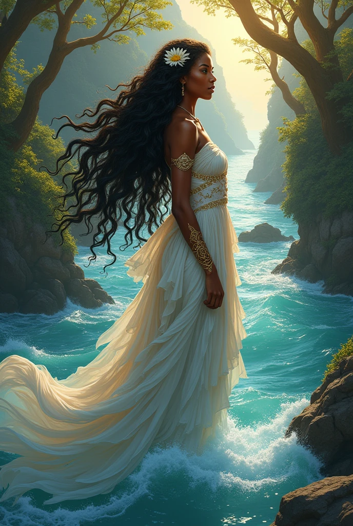 create a drawing of iemanja with a river behind her ( a fake drawing)