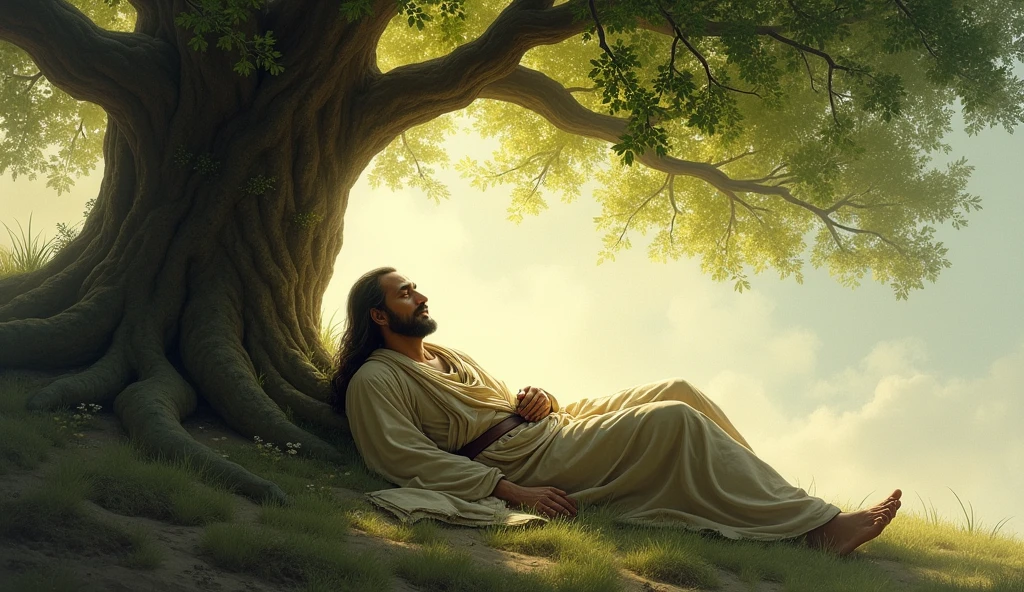Ashvak’s Passing**: hors peacefully passing away under the tree, with the sage closing his eyes in a silent prayer, the scene filled with serenity and grace.