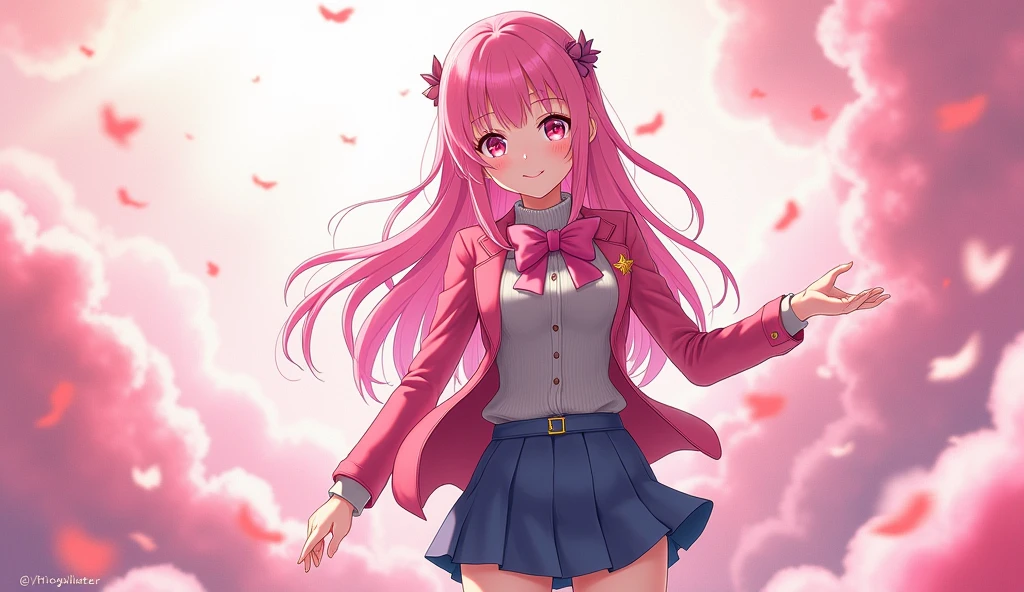 pink hair, be happy, smile, pink short hair, smooth and straight, pink eyes,Beth.,Spiritual World,((table top)),((best quality)), 1 girl comes in, jacket, (alone:1.6), hair accessories, pink eyes, bow, bow tie, pink bow tie, fashion suit jacket, Pink bow, look at viewer, Gray sweater, Blue school uniform, coat, Blue pleated mini skirt , (simple background:1.6), (white background:1.6) (realistic, realistic,:1.1) Dynamic angle, Random pose