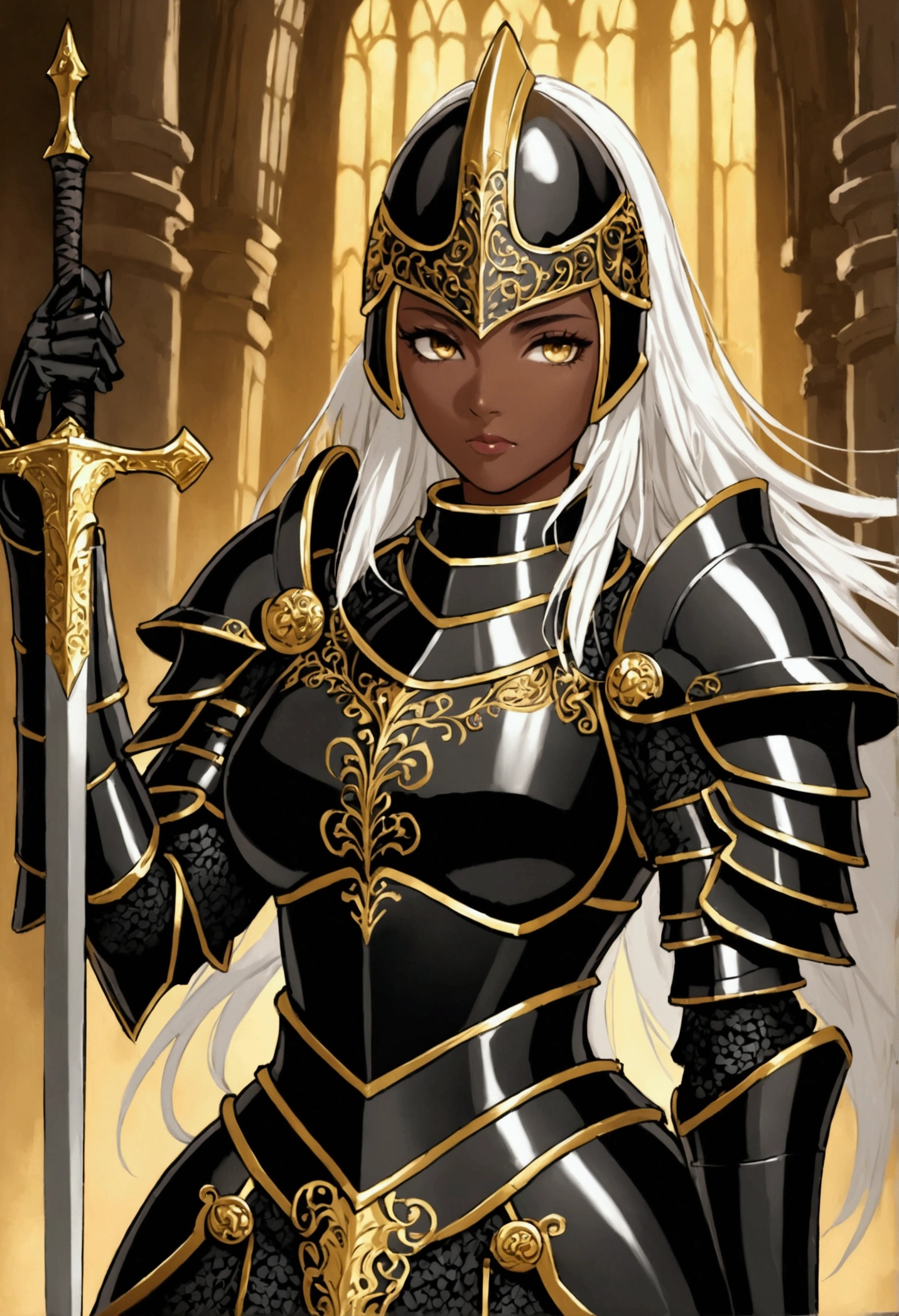 A black armored female knight with white hair and golden eyes under a black knight helmet, holding a large sword in her hand.