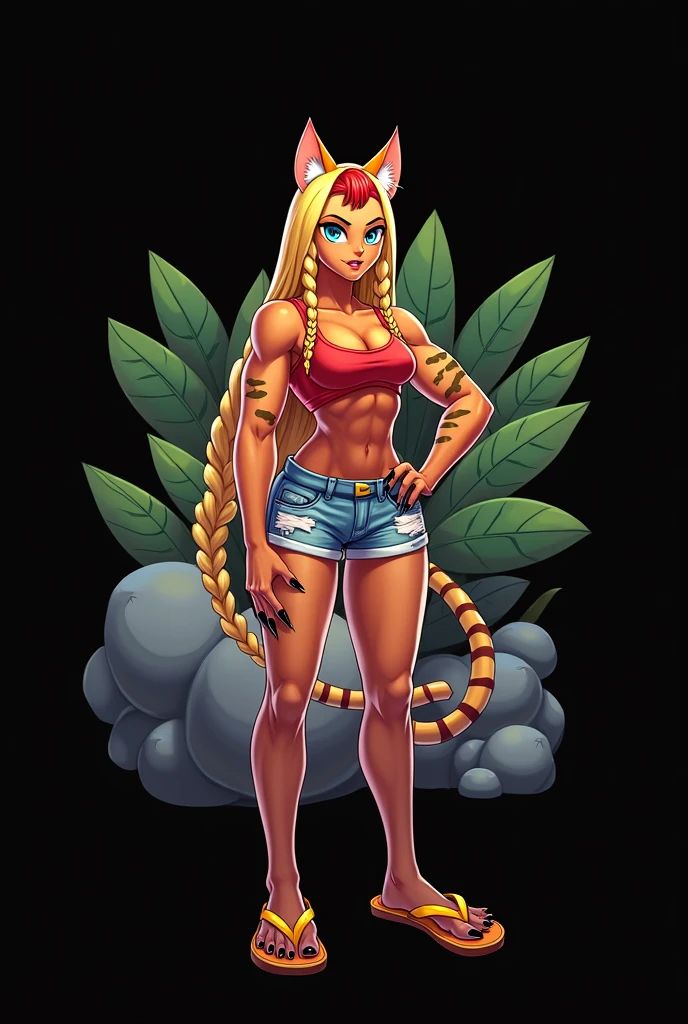 Heroine Very muscular woman body builder body of a professional fighter athletic great physical attributes tanned brown skin she has sun marks from her bra and thong panties in Vê, She is blonde with long hair with a single red fringe and has two long braids and cat ears., It has eyes of two different colors, the left one is pool blue and has a pool blue sclera, the right one is yellow and has a yellow sclera, both eyes have a cat's pupil, She is wearing very typical Brazilian clothing, a women's tank top, denim shorts and flip-flops.. Artstyle Vtuber