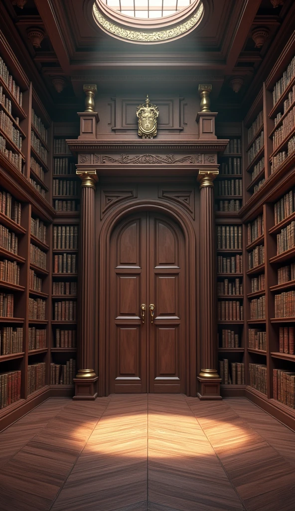 A library with a closed door
