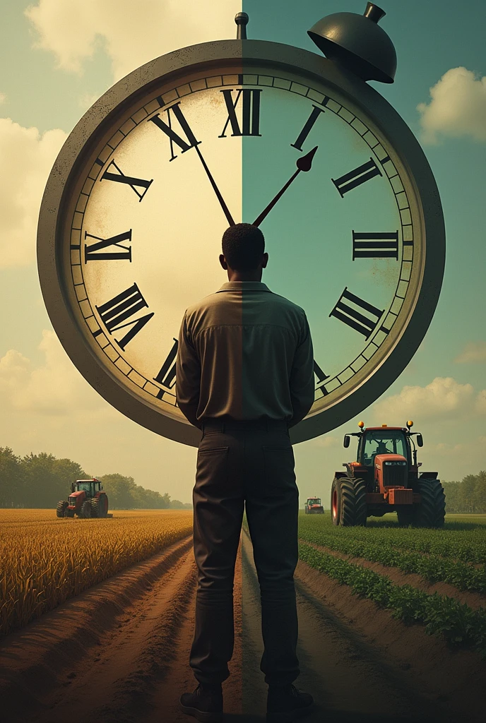 A black man on screen, divided into two times, on the left side times of slaves in agriculture and on the right side current times in agriculture, in the background a clock