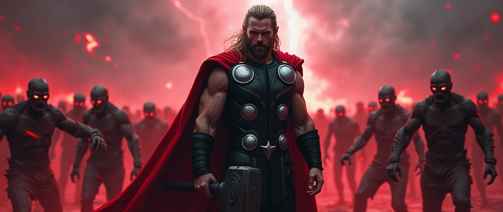 Thor Surrounded by Zombies: Thor in the center, surrounded by zombies on all sides, with a fierce look and ready to fight. Background with red and black tones to intensify the atmosphere of danger.