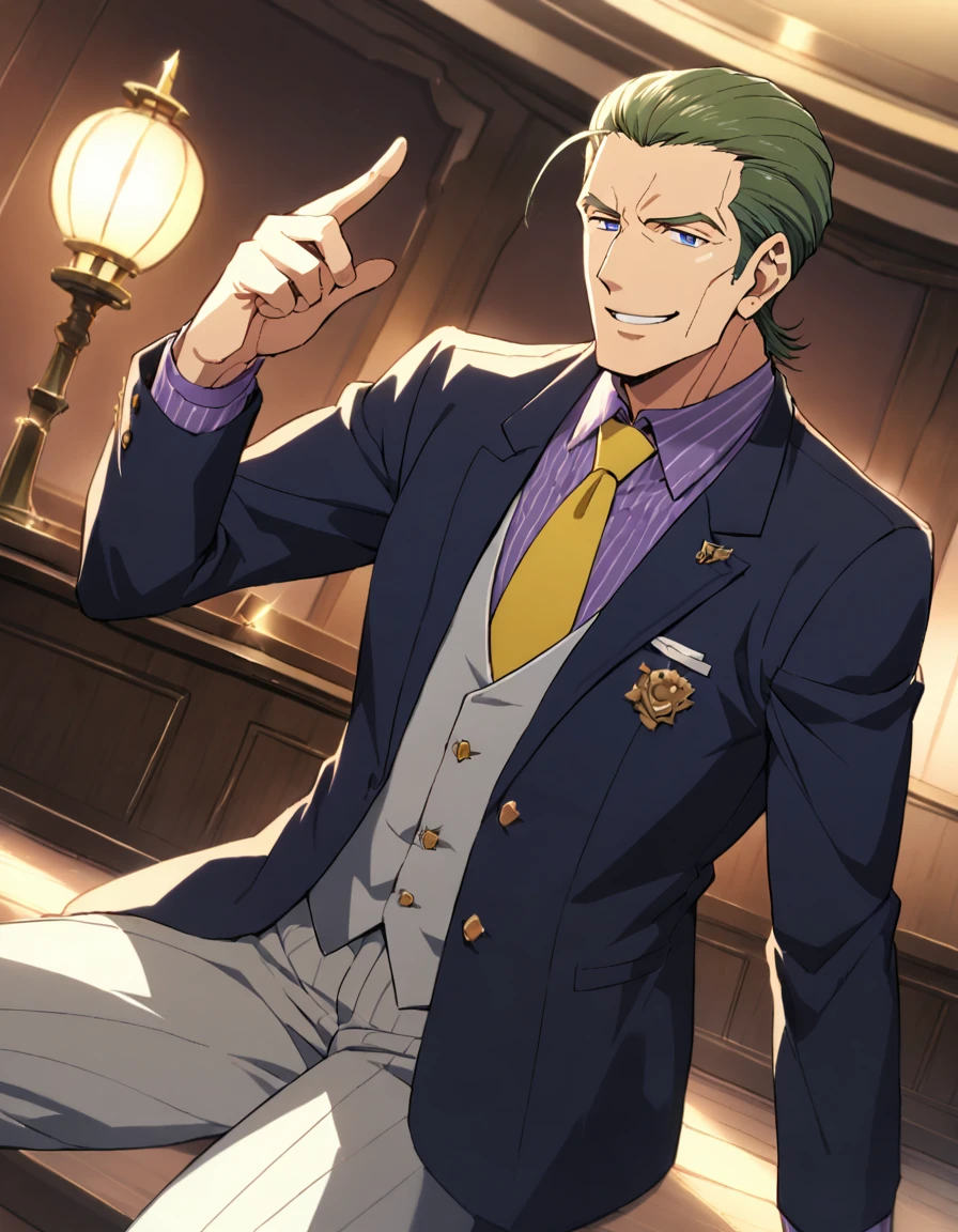 1man, (mature dad in ail-soft style, dandy president, moss olive hair, deepblue eyes, arafed spiky hair slicked back, businessman hairstyle), ideal ratio body proportions, BREAK (over 30s, elder producer, toned dilettante, high cheekbones, broad shoulder, square shaped face, handsome, beautiful detailed eyes, under 40s), BREAK (violet formal jacket, purplewhite shirt, yellow necktie, simple costume), BREAK solo, cool smile, smart emotion, BREAK upperlegs, romantic expression, 2000s, old hentai CG, in Ribahara Aki style, BREAK depth of field, dutch angle, cinematic shadows, cinematic lighting, lens flare, light leaks, texture, absurdres absolutely resolution, extreme all detailed, greatest paint, BREAK masterpiece, best quality, BREAK score_9, score_8_up, score_7_up, source_anime, rating_safe, score_6_up, score_5_up, score_4_up