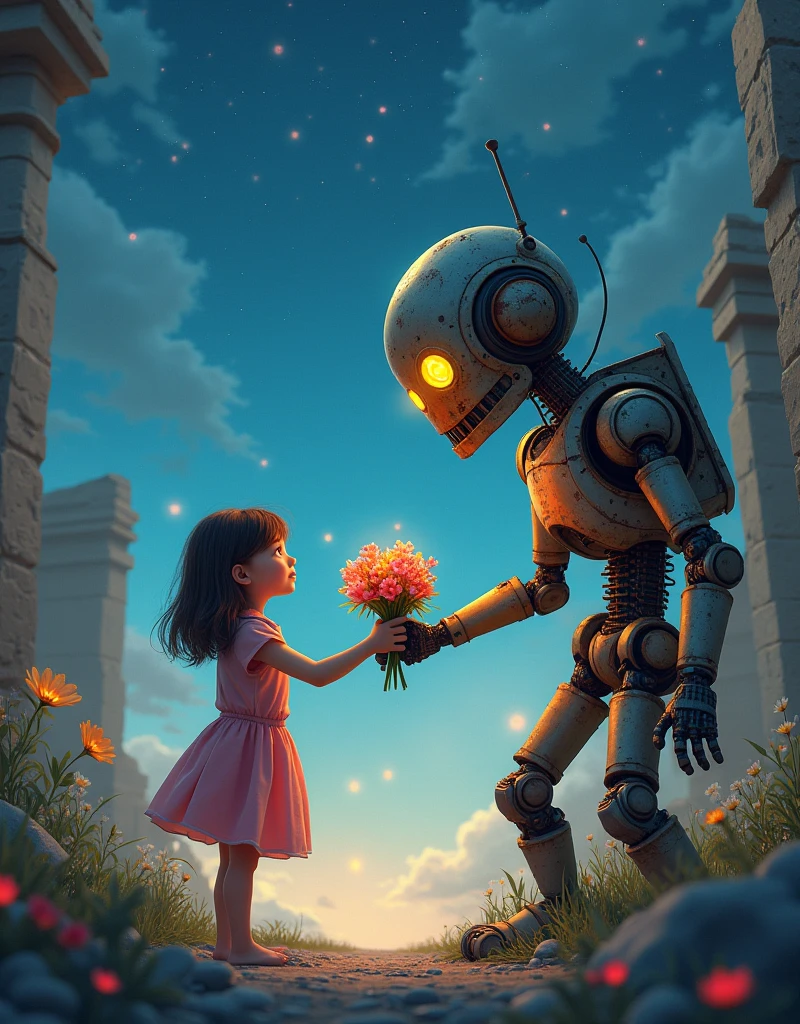 a beautiful small girl presenting flowers to a dilapidated robot, the robot's eyes glowing, a beautiful starry sky, light escaping from the ruins