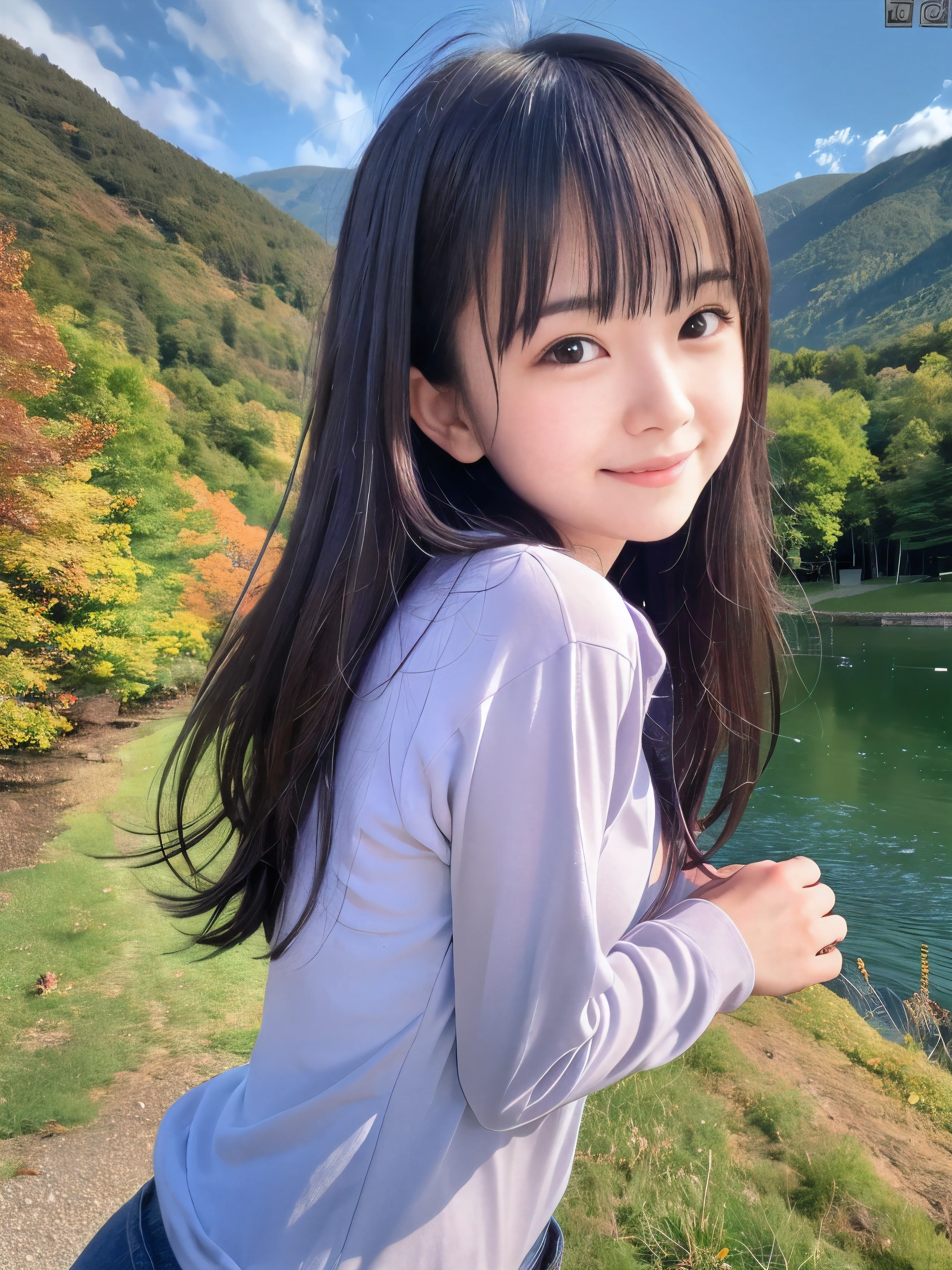 (Close up face shot of one slender small breasts half up brown long hair with bangs girl in a long sleeves shirt and sweater:1.5)、(One girl is leaning forward with happy smile on the dart road near the lake and big waterfall:1.5)、(Beautiful autumn leaves and mountain view:1.5)、(Natural light:1.5)、(8k ultra detailed master piece:1.5)、(perfect ???????:1.5)、(Photorealistic stick:1.5)、(Raw photo:1.3)、(highest quality:1.5)、(High resolution:1.3)、(Delicate and beautiful perfect face:1.3)、(Delicate and beautiful eye air skin:1.3)、(Real Human Skin:1.3)、((thin legs))