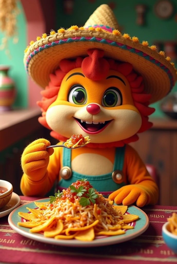 Mascot wearing a hat and tasting chilaquiles