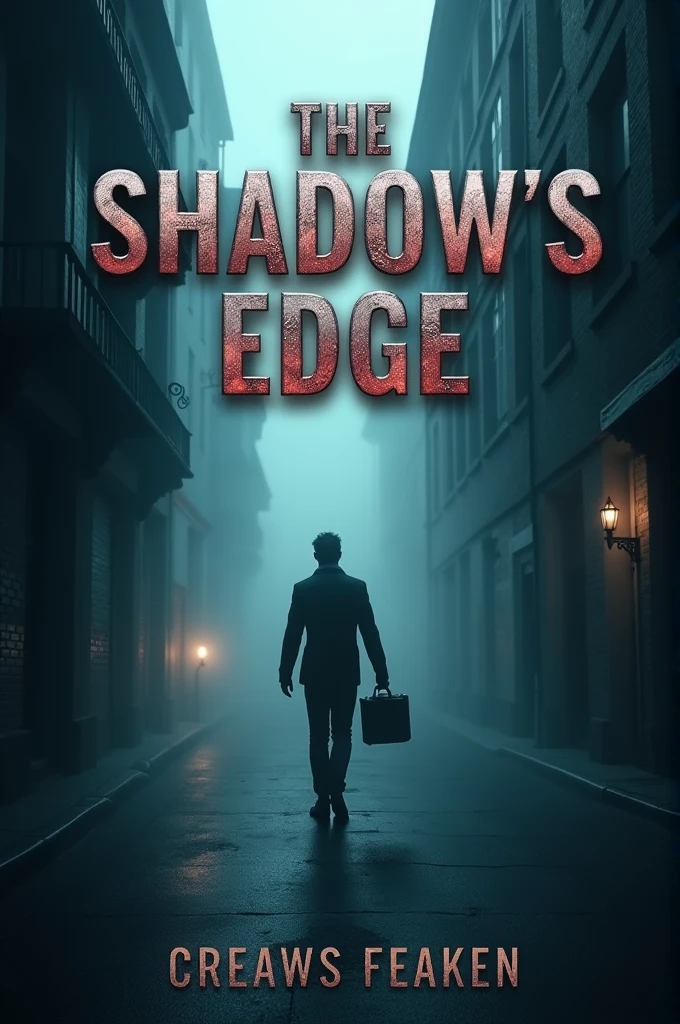 A4 sized Front cover : A dark, foggy alley with a silhouette of a person barely visible in the distance, holding a briefcase. The title "The Shadow's Edge" is in bold, metallic lettering at the top, with your name below it in smaller text.