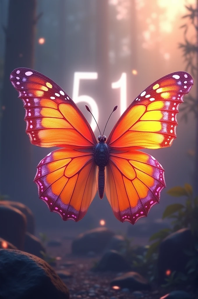 A butterfly with orange colors, purple and pink with the number 51 in the background