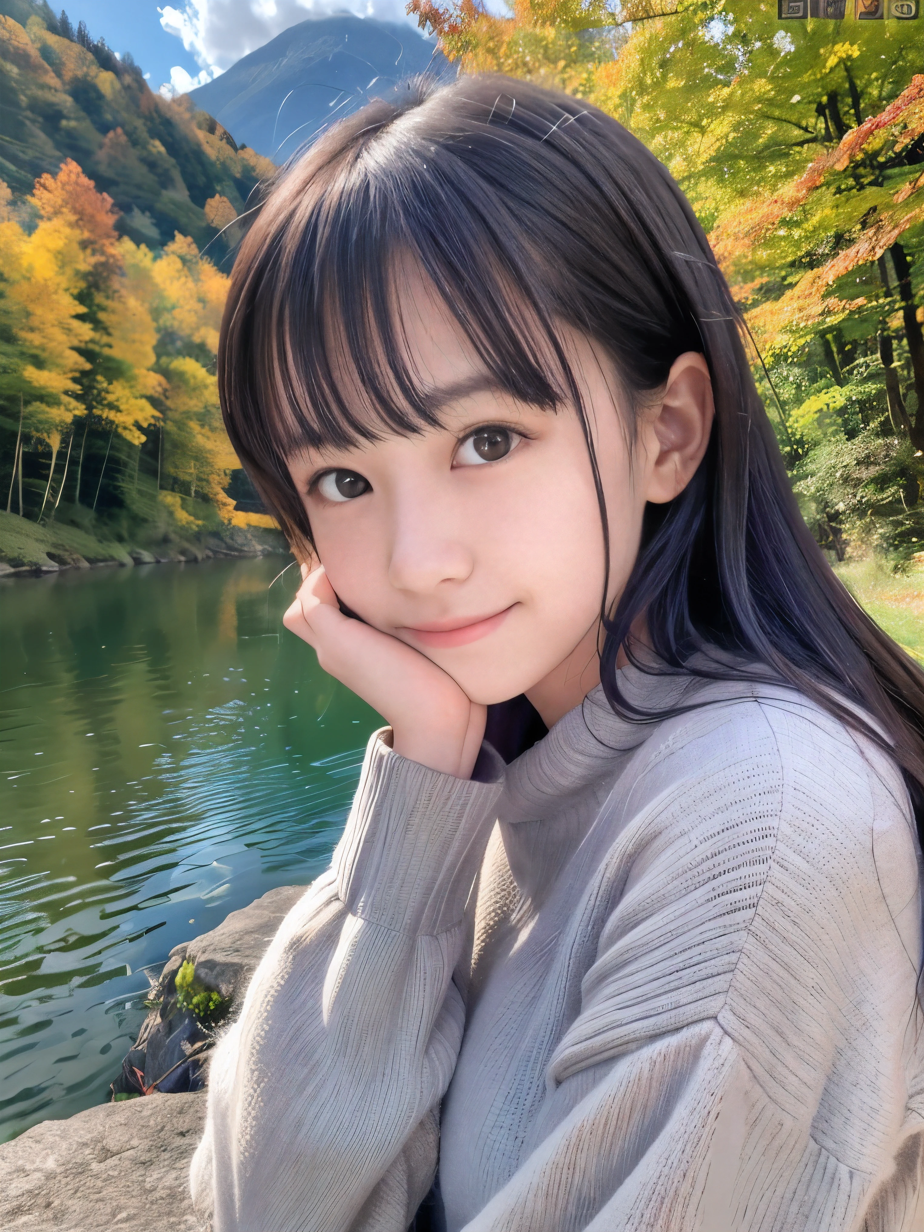 (Close up face shot of one slender small breasts half up brown long hair with bangs girl in a long sleeves shirt and sweater:1.5)、(One girl is leaning forward with happy smile on the dart road near the lake and big waterfall:1.5)、(Beautiful autumn leaves and mountain view:1.5)、(Natural light:1.5)、(8k ultra detailed master piece:1.5)、(perfect anatomy:1.5)、(Photorealistic stick:1.5)、(Raw photo:1.3)、(highest quality:1.5)、(High resolution:1.3)、(Delicate and beautiful perfect face:1.3)、(Delicate and beautiful eye air skin:1.3)、(Real Human Skin:1.3)、((thin legs))