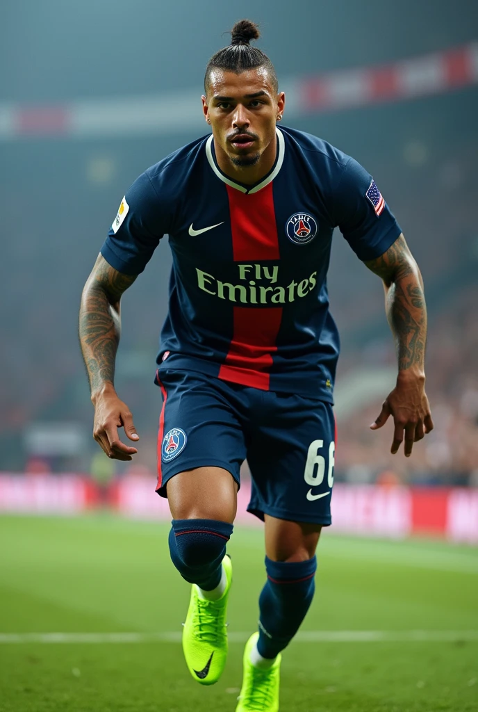 Young 2 sexy tough gangster with black hair shaved on the sides with braids brown eyes thick lips athletic body masculine energy and defined chin sexy short trimmed beard colored tattoo marked biceps wears Homme in black color Muslim style is a PSG soccer player wears Paris Saint Germani sportswear with number 69 and name KILLER on the shirt, PSG shorts with number 69, Nike Mercury fluorescent green boots are in a stadium,is running and jumping