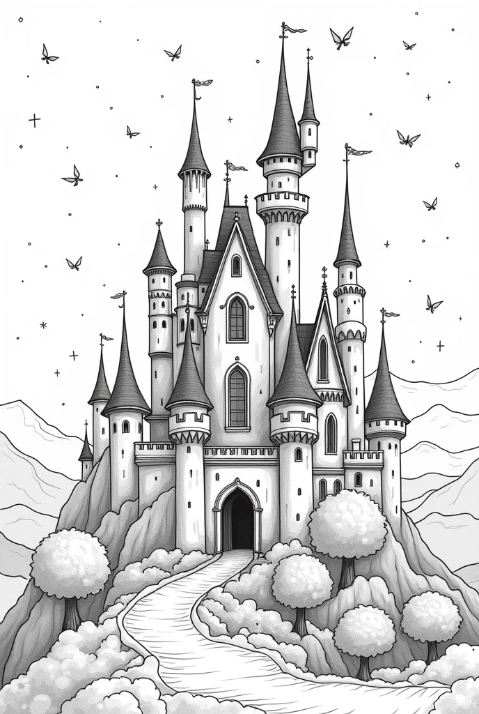 fairytale magical castle, black and white as coloring page