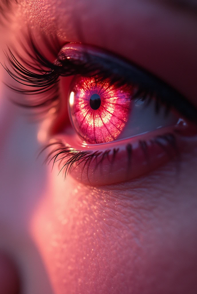 In a woman's pink eye, reflection of the dragon burning the city