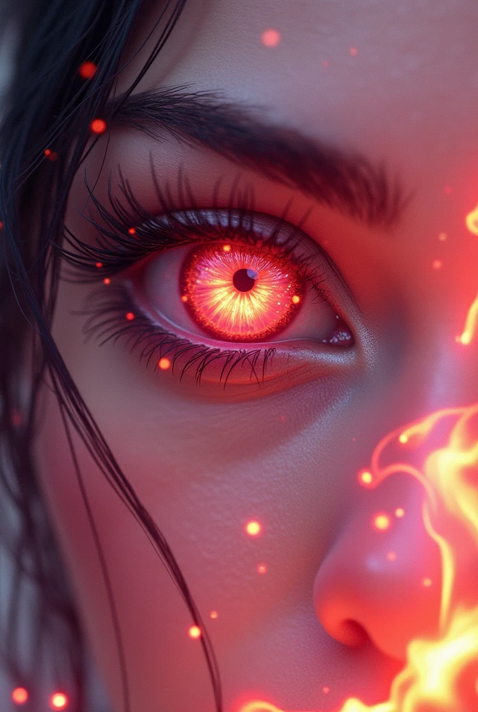 In a woman's pink eye, reflection of the dragon burning the city