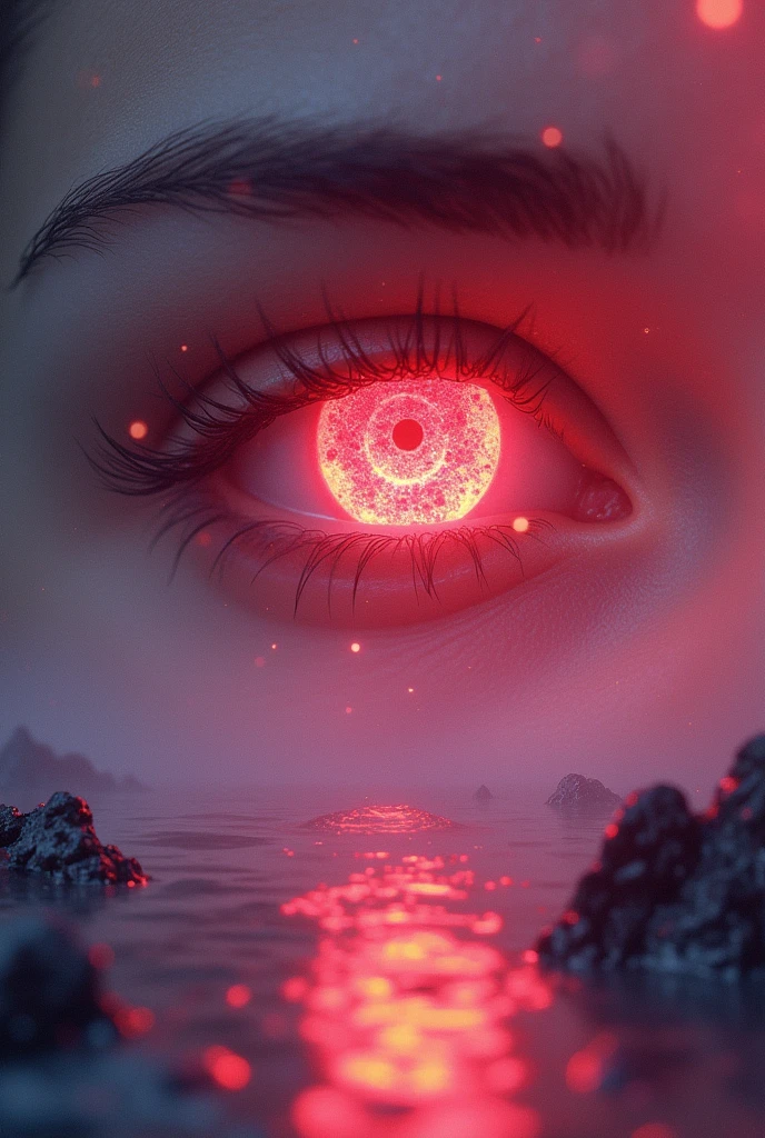 In a woman's pink eye, reflection of the dragon burning the city