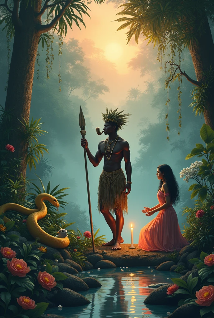 black-skinned male, short-hair, with a crown of herbs on her head, supported only on one leg, in one hand he carries a small 7-pointed tribal spear, at the waist several gourds hung like a belt, smoking a sacred ritual pipe, dressed only in leaves and herbs, that involves the waist and chest, calm demeanor, pure and distracted, looking at the trees, a beautiful bird accompanies him like a faithful friend, Ele está localizado em uma flowersta virgem, richly adorned with many species of plants, Trees, climbing vines, flowers, all with great healing power, a great atmosphere of joy and protection is in the air, a stream in the distance. Next to a beautiful black-skinned woman, long  hair, pink flowing clothes, Pure appearance, innocent, no meio da flowersta virgem, Ao anoitecer, under a pleasant and harmonious mist, with a big snake, Yellow, beautiful and carefree walking nearby, near a beautiful river source. Both watching and blessing a beautiful woman, with a bit of masculine physiognomy, Hispanic appearance, Caucasian skin, 4, slim, Bullish, almost no breasts, wearing a light-colored religious turban, with light and clear clothes, wearing a religious necklace with pink dots, and another necklace with green and white dots, on his knees, with a look of respect and adoration, acende uma vela branca ao lado de um simples buquê de flowers brancas e algumas frutas doces e lindas, on the edge of a river source, surrounded by forest, beautiful and peaceful, in a beautiful sunset, with the reddish and yellow sky, with a beautiful and cozy mist.