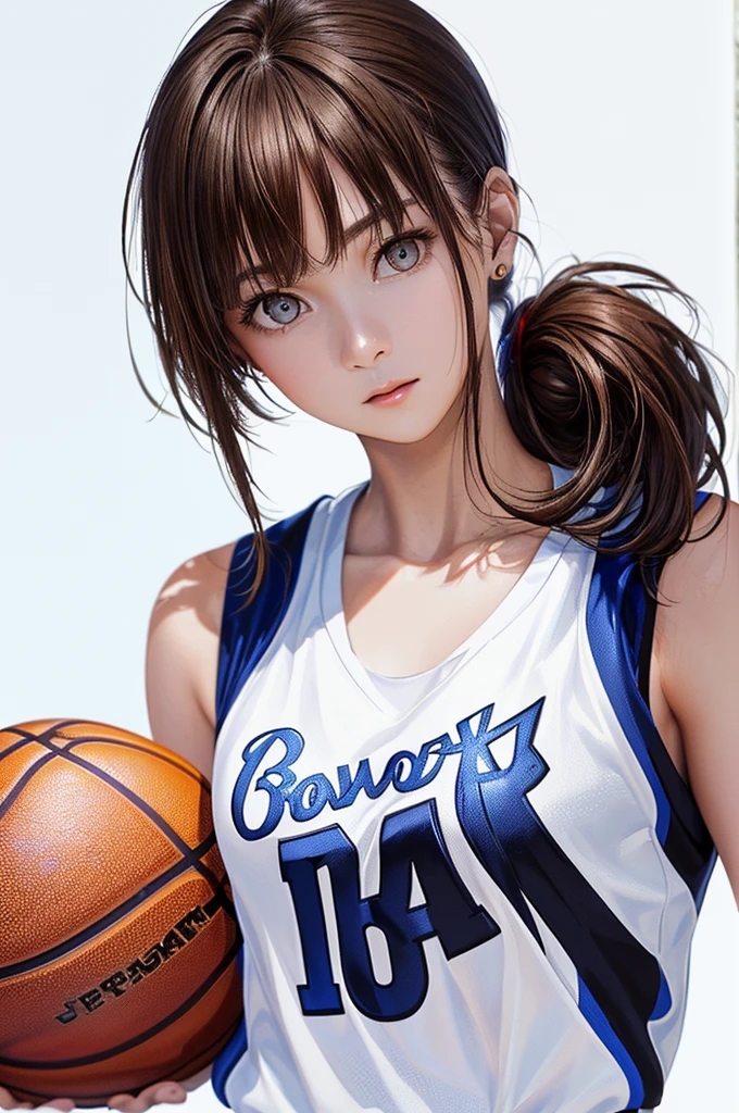 (((Frame In、Solo Shot、Pure white wall background、Highest quality、8k、32K、masterpiece)))、(Realistic)、(Realistic:1.2)、(High resolution)、Very detailed、Very beautiful face and eyes、1 person、Round and small face、Tight waist、Delicate body、(close、Highest quality、Attention to detail、Rich skin detail)、(Highest quality、8k、Oil paints:1.2)、Very detailed、(Realistic、Realistic:1.37)、Bright colors、(((Brown Hair)))、(((Brown hair)))、(((Side Ponytail)))、(((Cowboy Shot)))、(((Bob Hair)))、(((The bangs are uniform)))、(((Pure white wall background)))、(((Wearing a basketball uniform)))、(((Brown and light blue basketball outfit)))、(((Blue and brown uniform)))、(((Female face)))、(((1 female)))、(((Tank top style uniform)))、(((Sexy expression)))