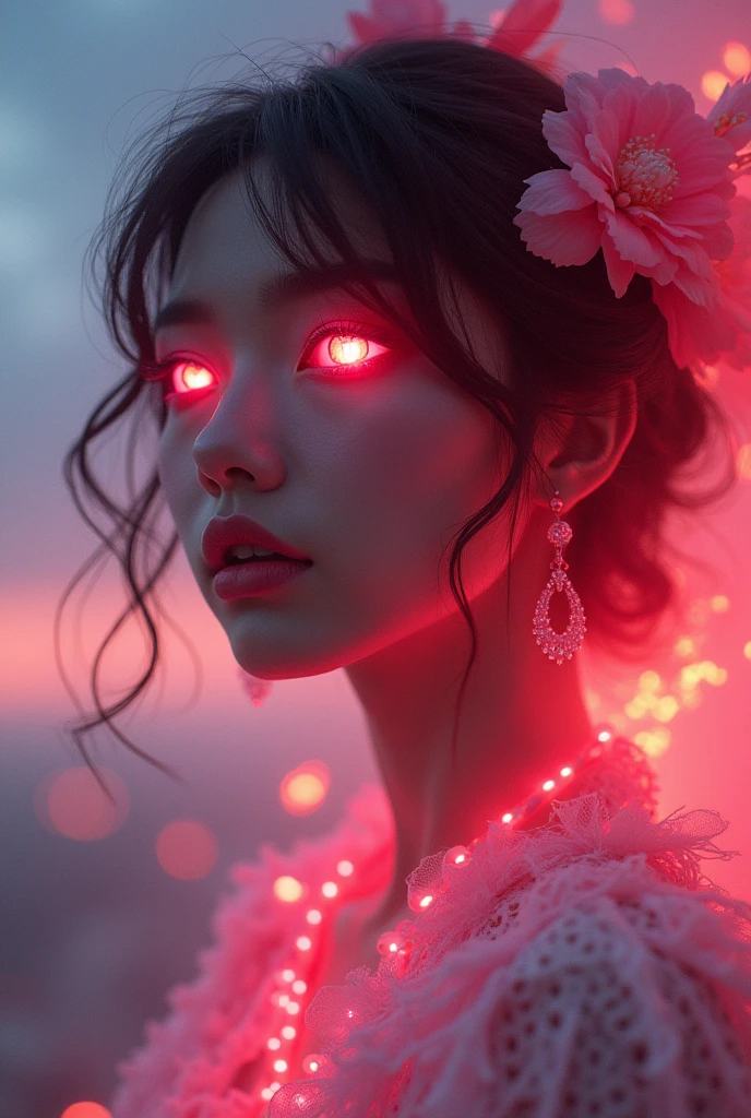 In a woman&#39;s pink eye, reflection of the dragon burning the city