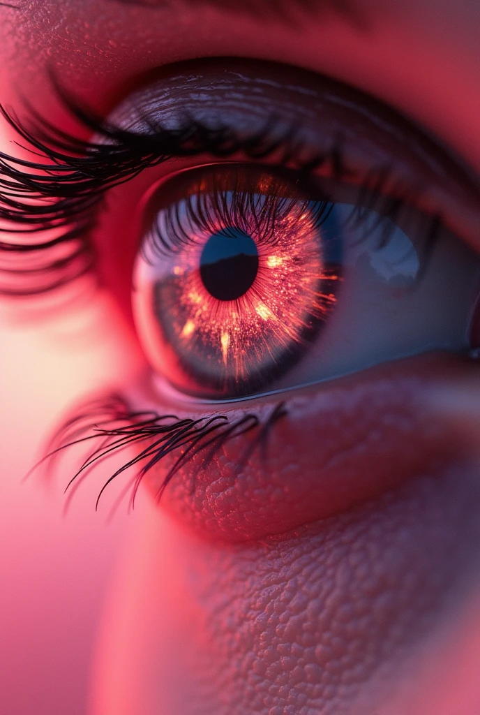 In a woman&#39;s pink eye, reflection of the dragon burning the city