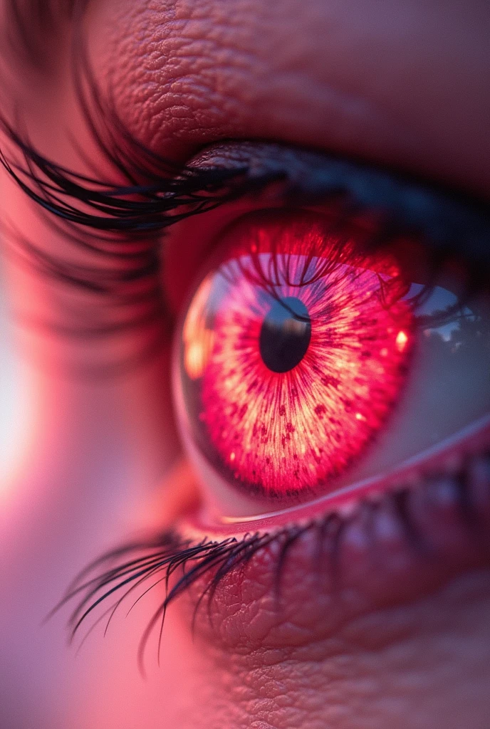 In a woman's pink eye, reflection of the dragon burning the city