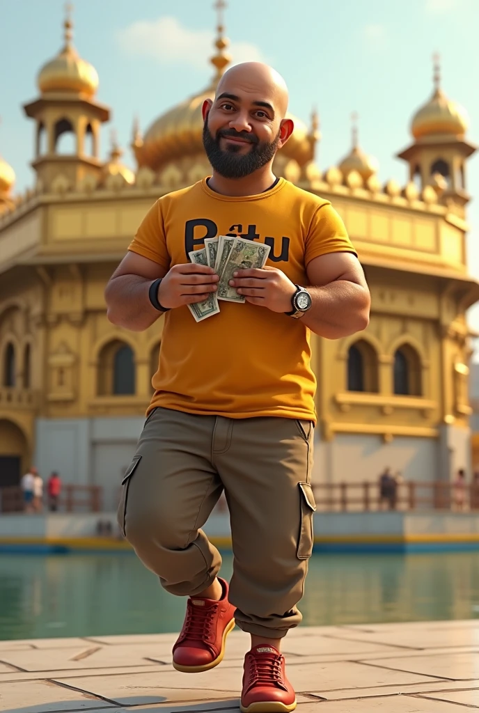 A 30 years old man , no hear on head ,man is bald , wear a lower , a t half t shirt , hand in steal ring , eyes big , t shirt on writing bold name "BITTU" , stand at golden temple, red shoes , a watch , counting rupees, one leg jump, smile