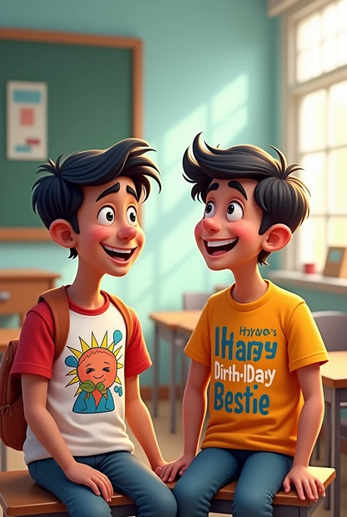 2 friends siting on the classroom 1st boy name is yogesh write the t shirt and another boy name is niraj his t shirt write happy birthday bestii 2d cartoon behind